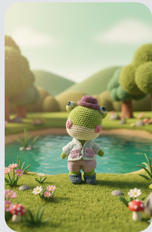 MOYO FRIENDS 20cm 관절인형 개구리 캐릭터가 초록빛 연못가에 서 있는 모습의 포토카드