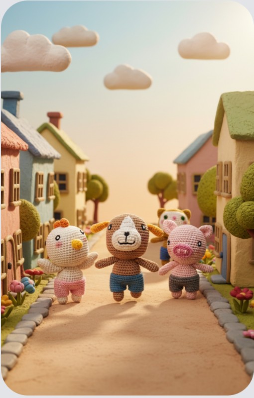 MOYO FRIENDS S시리즈 코바늘인형 세 친구가 모요월드의 농장 마을길에 함께 서 있는 모습의 포토카드